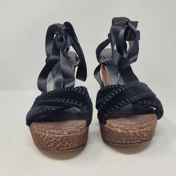 Stuart Weitzman Sandals Womens 9 Cheetah Print Wedge Platform Velvet Ankle Ties - Picture 3 of 10